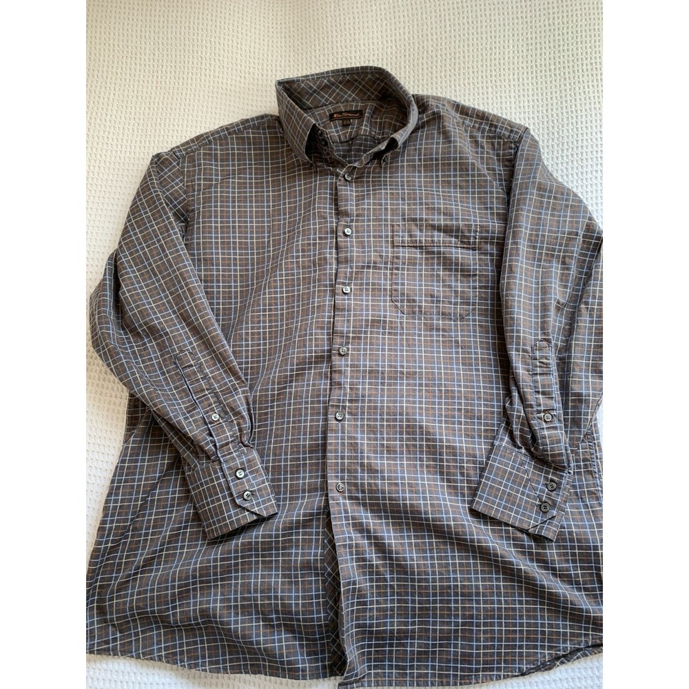 BEN SHERMAN Mens Long Sleeve Button Down Shirt  17 1/2 32/33 Brown Check
